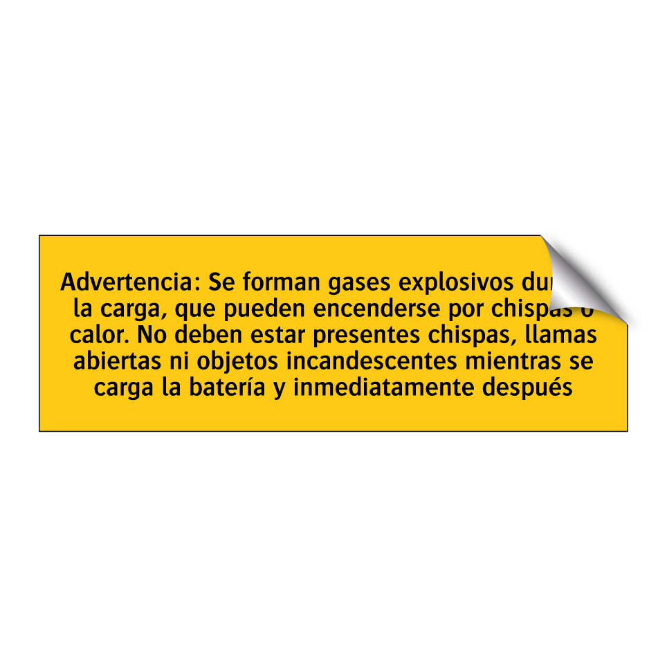 Advertencia: Se forman gases explosivos durante la carga, que pueden encenderse por chispas o calor. No deben estar presentes chispas, llamas abiertas ni objetos incandescentes mientras se carga la batería y inmediatamente después