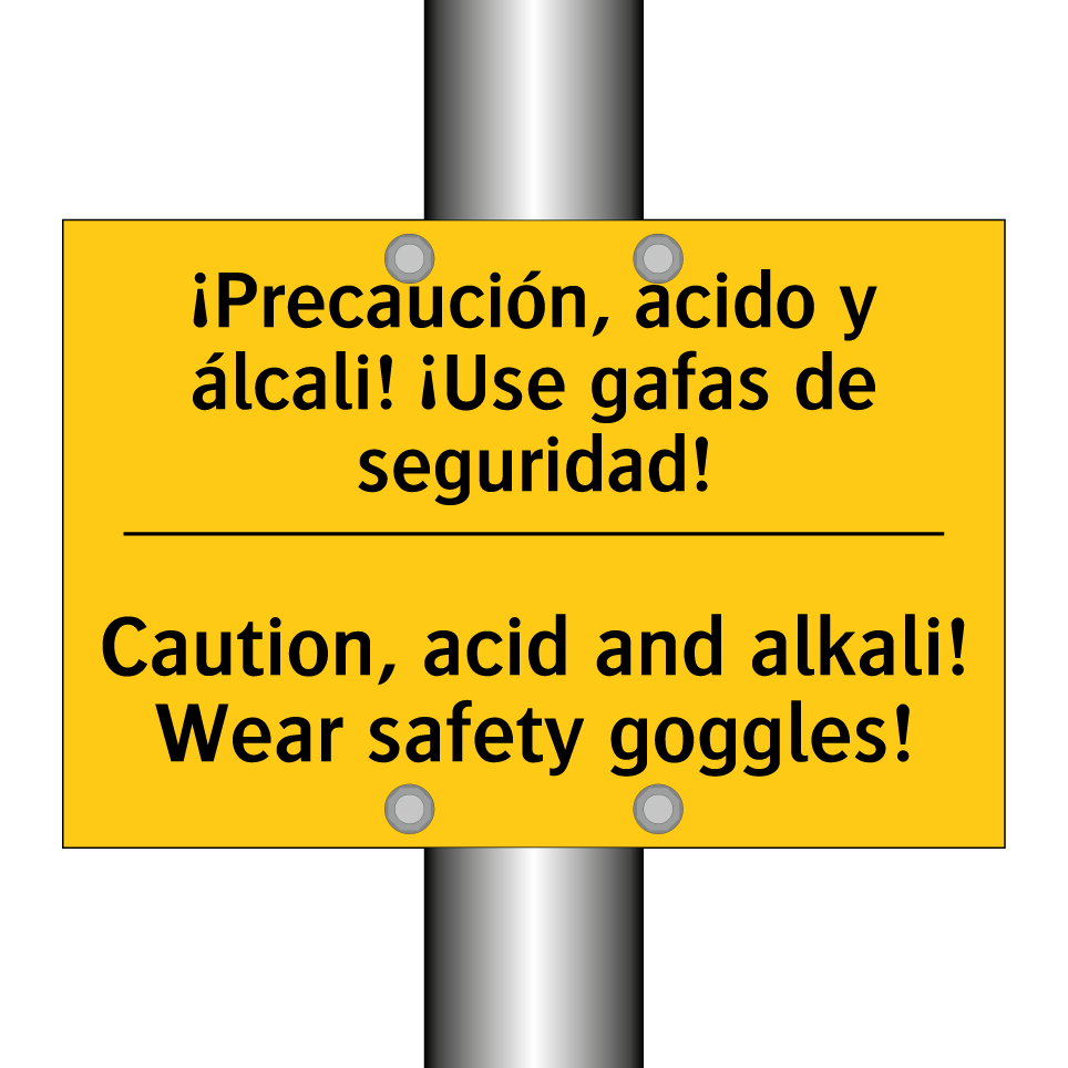 ¡Precaución, ácido y álcali! ¡Use gafas de seguridad! - Caution, acid and alkali! Wear safety goggles!