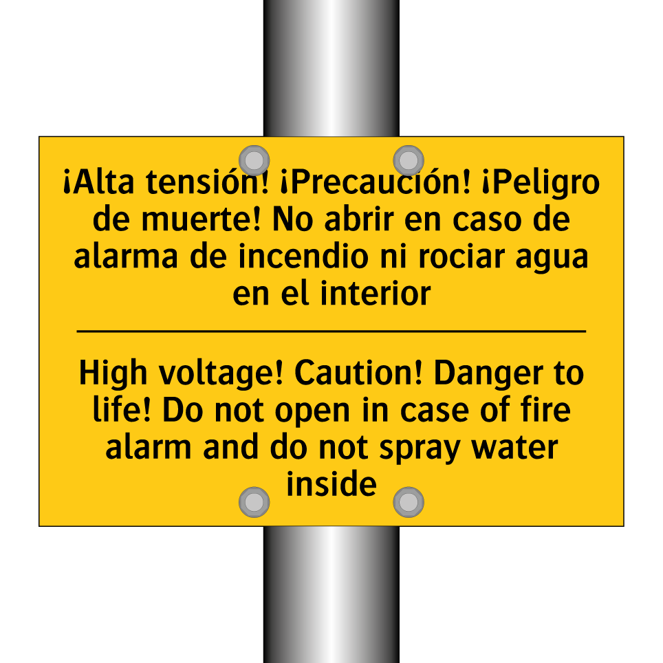 High voltage! Caution! Danger to life! Do not open in case of fire alarm and do not spray water inside - High voltage! Caution! Danger to life! Do not open in case of fire alarm and do not spray water inside