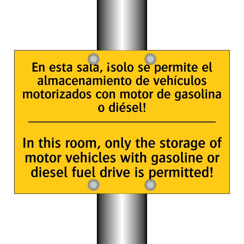 En esta sala, ¡solo se permite el almacenamiento de vehículos motorizados con motor de gasolina o diésel! - In this room, only the storage of motor vehicles with gasoline or diesel fuel drive is permitted!