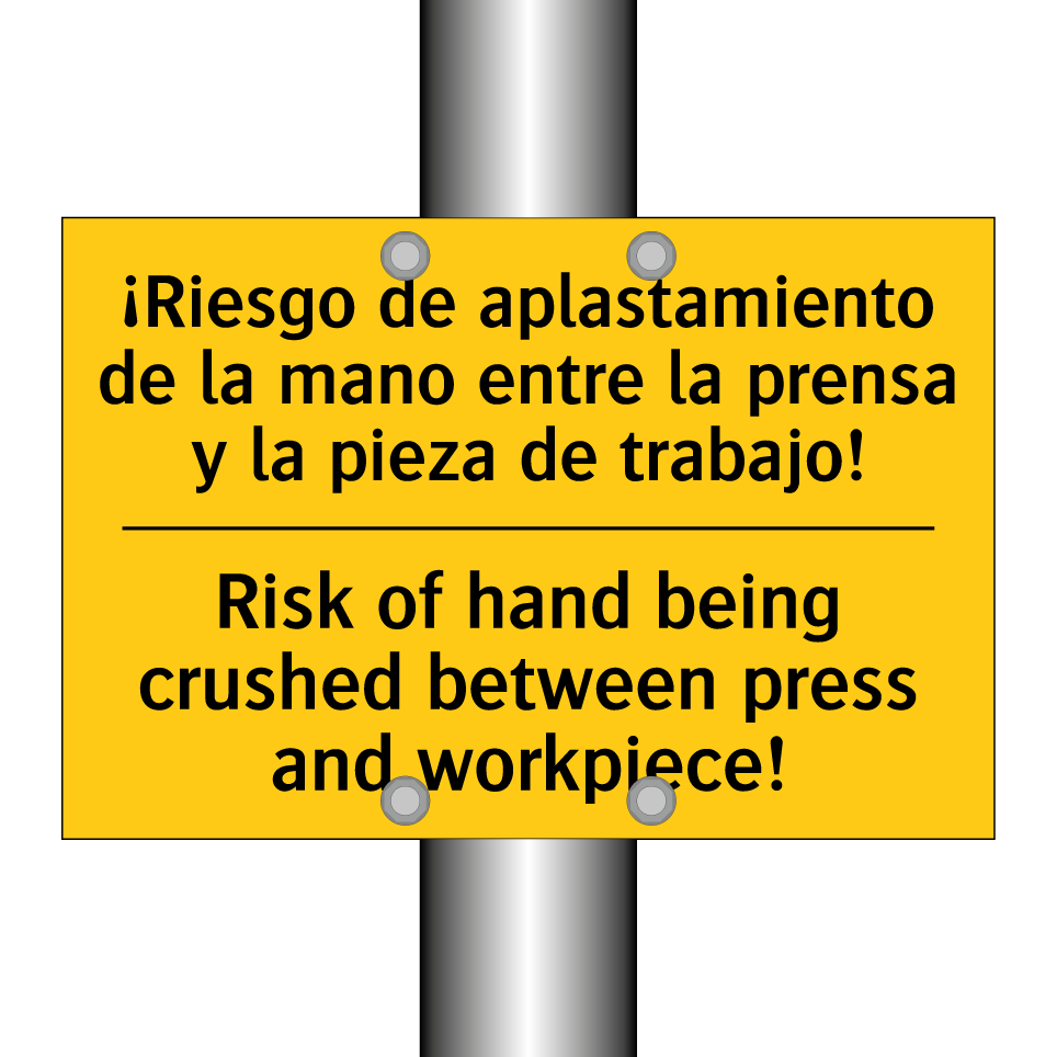 ¡Riesgo de aplastamiento de la mano entre la prensa y la pieza de trabajo! - Risk of hand being crushed between press and workpiece!