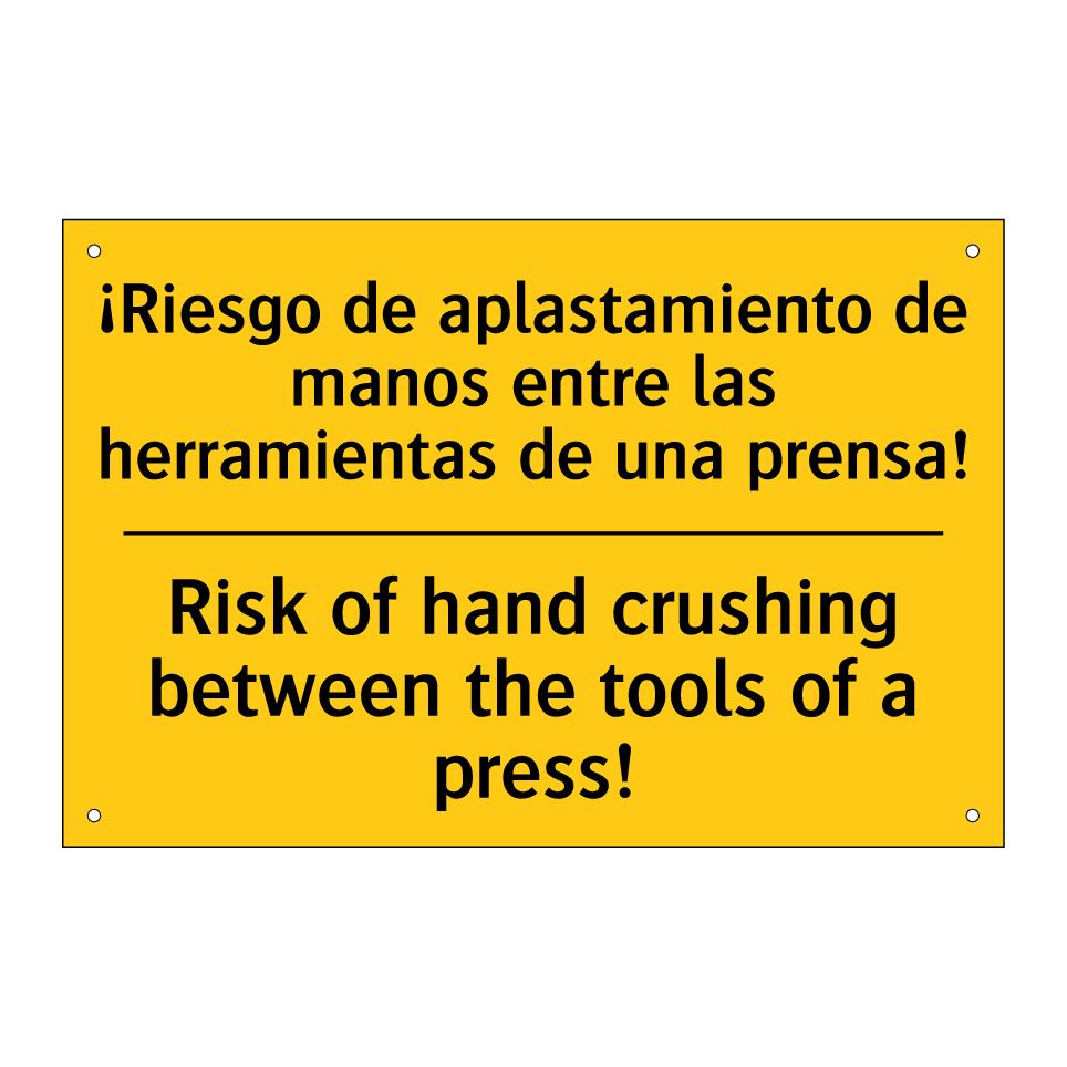 ¡Riesgo de aplastamiento de manos entre las herramientas de una prensa! - Risk of hand crushing between the tools of a press!