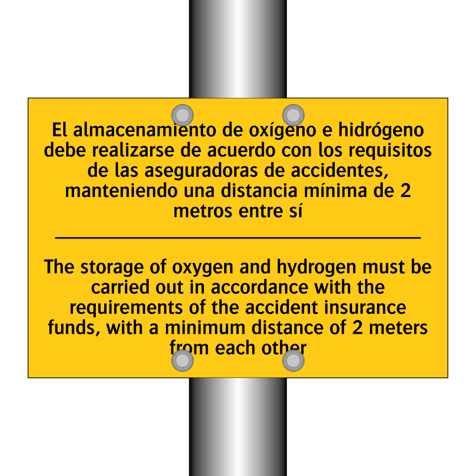 The storage of oxygen and hydrogen must be carried out in accordance with the requirements of the accident insurance funds, with a minimum distance of 2 meters from each other - The storage of oxygen and hydrogen must be carried out in acco /.../