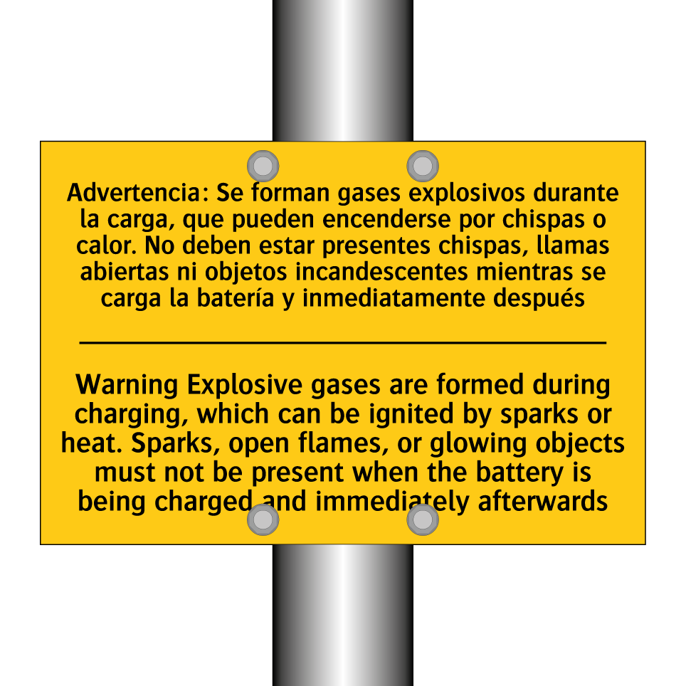 Warning Explosive gases are formed during charging, which can be ignited by sparks or heat. Sparks, open flames, or glowing objects must not be present when the battery is being charged and immediately afterwards - Warning Explosive gases a /.../