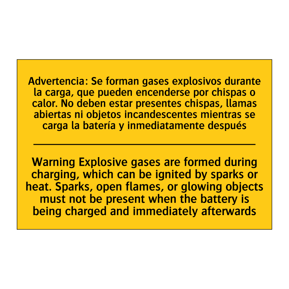 Warning Explosive gases are formed during charging, which can be ignited by sparks or heat. Sparks, open flames, or glowing objects must not be present when the battery is being charged and immediately afterwards - Warning Explosive gases a /.../