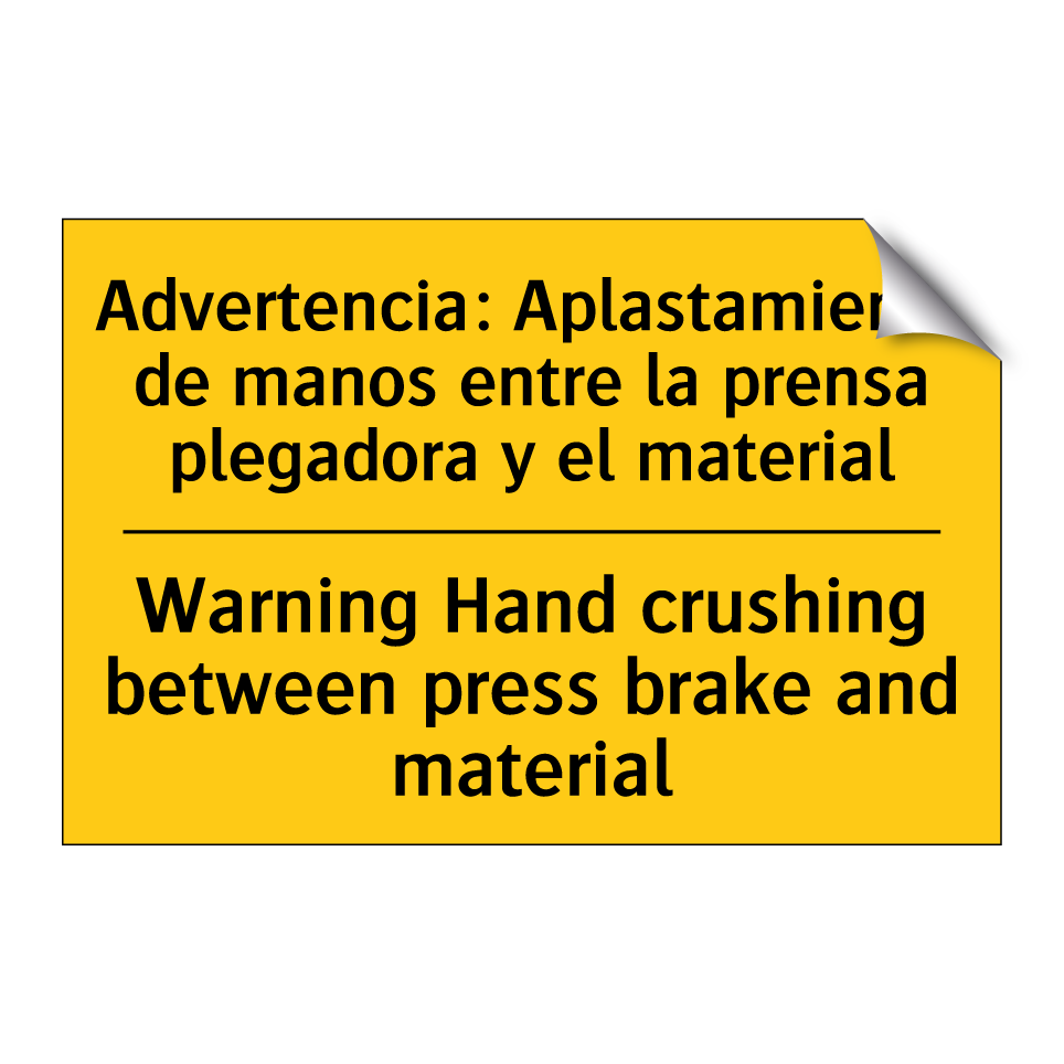 Advertencia: Aplastamiento de manos entre la prensa plegadora y el material - Warning Hand crushing between press brake and material