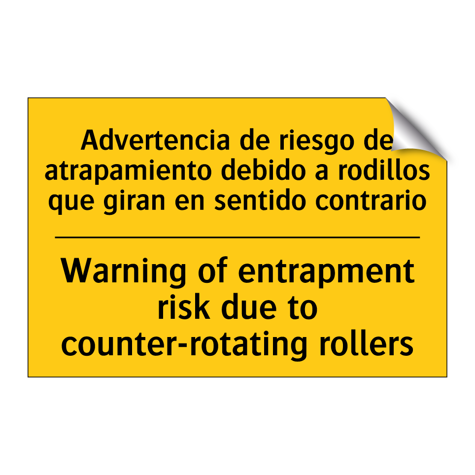 Advertencia de riesgo de atrapamiento debido a rodillos que giran en sentido contrario - Warning of entrapment risk due to counter-rotating rollers