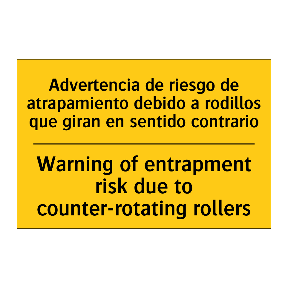 Advertencia de riesgo de atrapamiento debido a rodillos que giran en sentido contrario - Warning of entrapment risk due to counter-rotating rollers