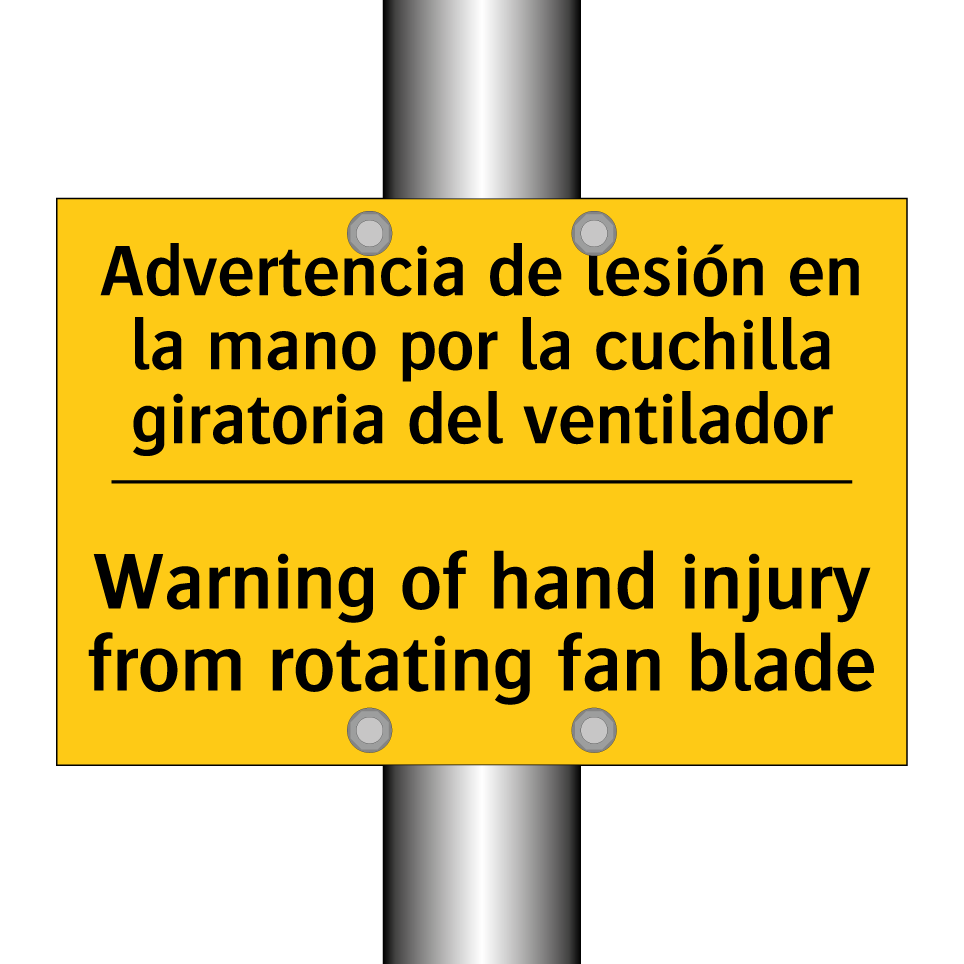 Advertencia de lesión en la mano por la cuchilla giratoria del ventilador - Warning of hand injury from rotating fan blade