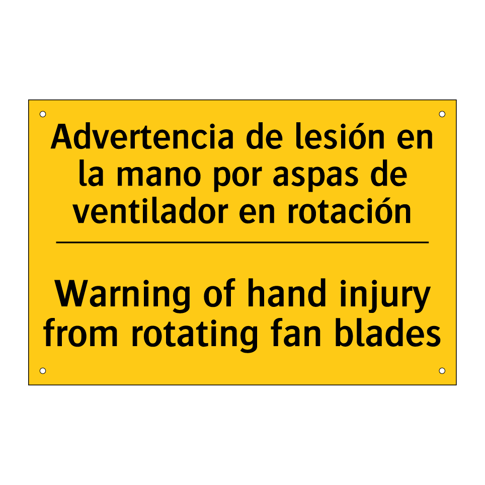 Advertencia de lesión en la mano por aspas de ventilador en rotación - Warning of hand injury from rotating fan blades