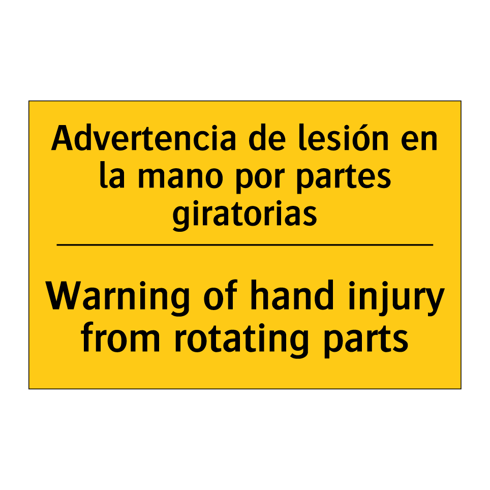 Advertencia de lesión en la mano por partes giratorias - Warning of hand injury from rotating parts