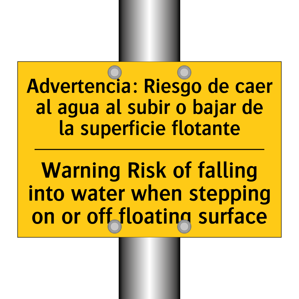 Advertencia: Riesgo de caer al agua al subir o bajar de la superficie flotante - Warning Risk of falling into water when stepping on or off floating surface