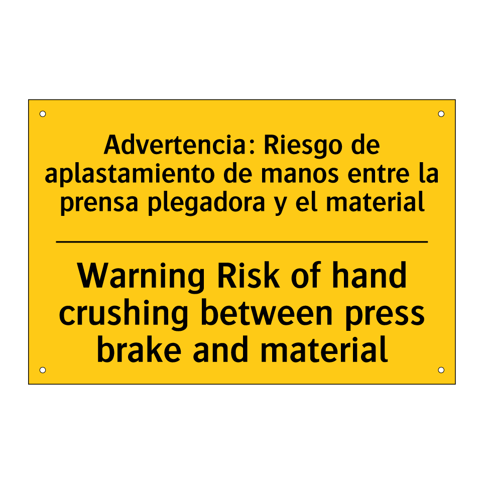 Advertencia: Riesgo de aplastamiento de manos entre la prensa plegadora y el material - Warning Risk of hand crushing between press brake and material