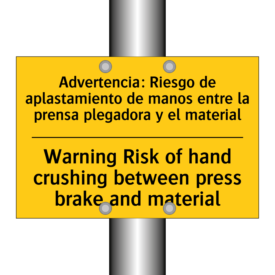 Advertencia: Riesgo de aplastamiento de manos entre la prensa plegadora y el material - Warning Risk of hand crushing between press brake and material