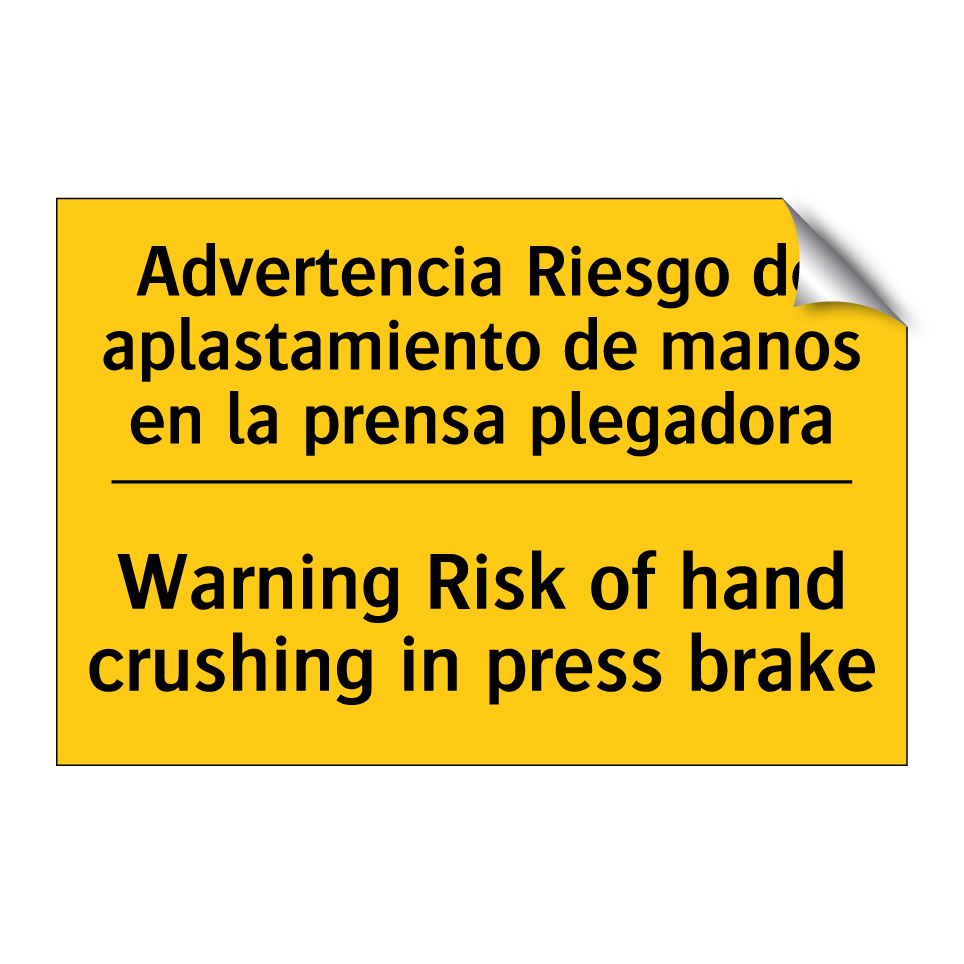 Advertencia Riesgo de aplastamiento de manos en la prensa plegadora - Warning Risk of hand crushing in press brake