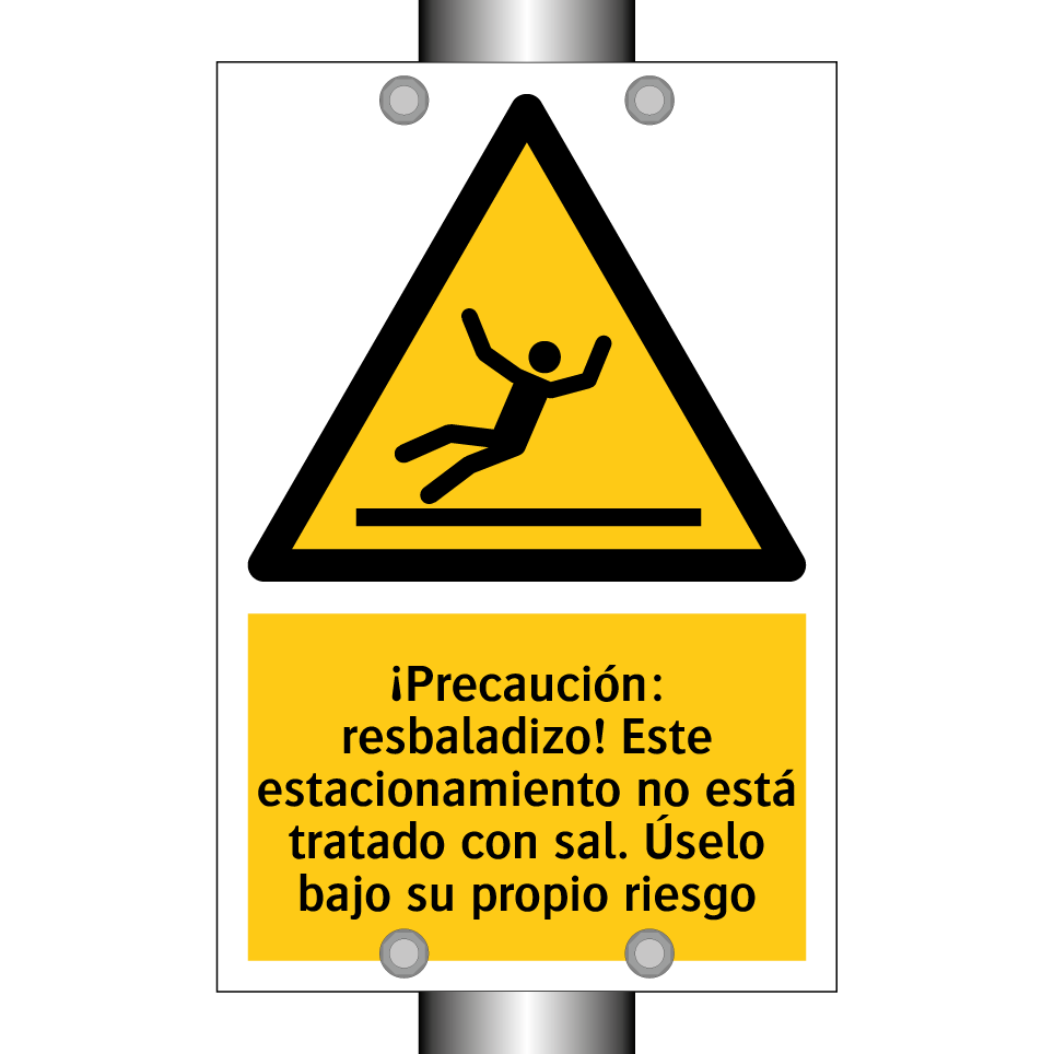 ¡Precaución: resbaladizo! Este estacionamiento no está tratado con sal. Úselo bajo su propio riesgo