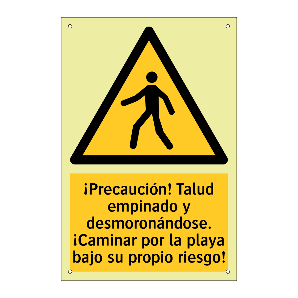 ¡Precaución! Talud empinado y desmoronándose. ¡Caminar por la playa bajo su propio riesgo!