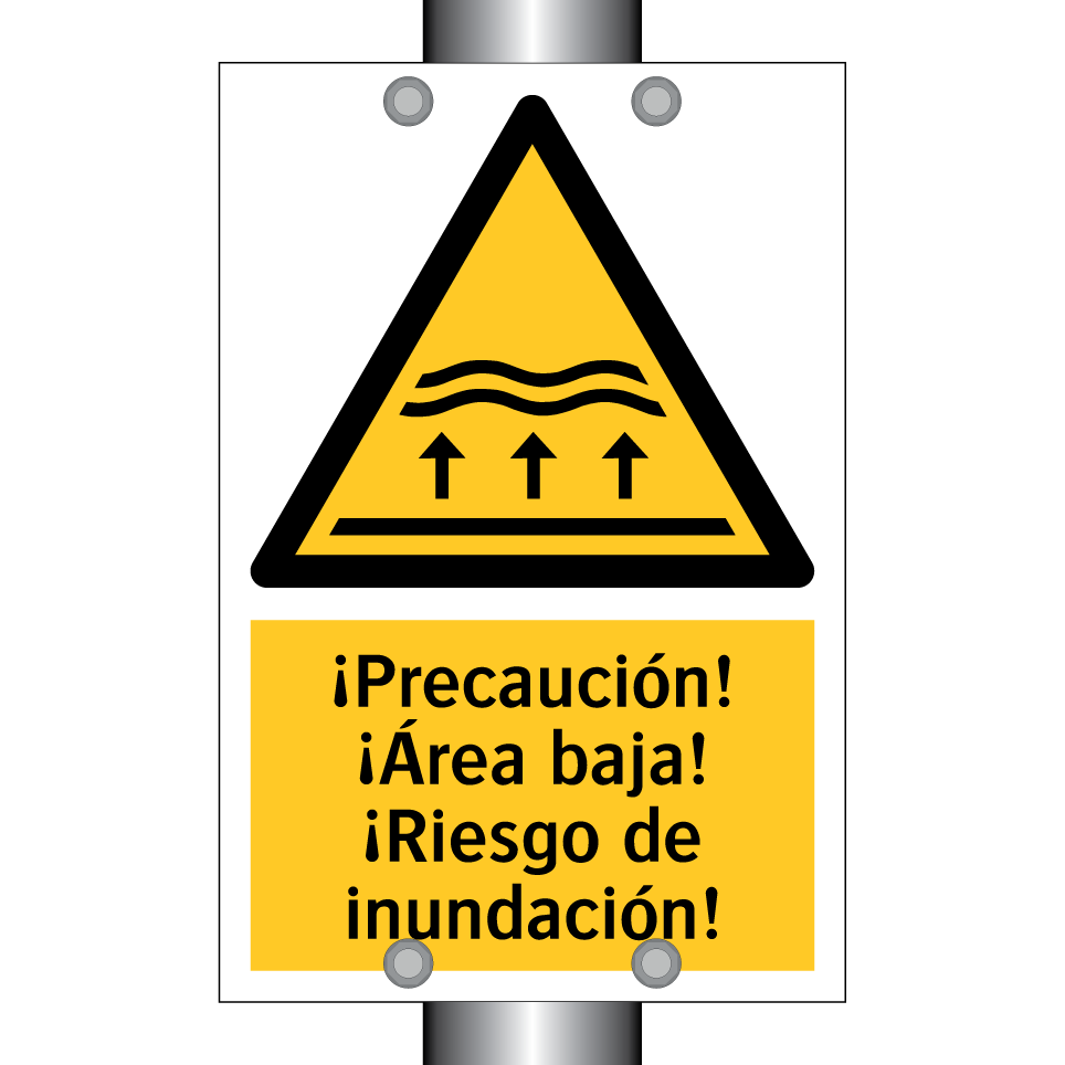 ¡Precaución! ¡Área baja! ¡Riesgo de inundación!