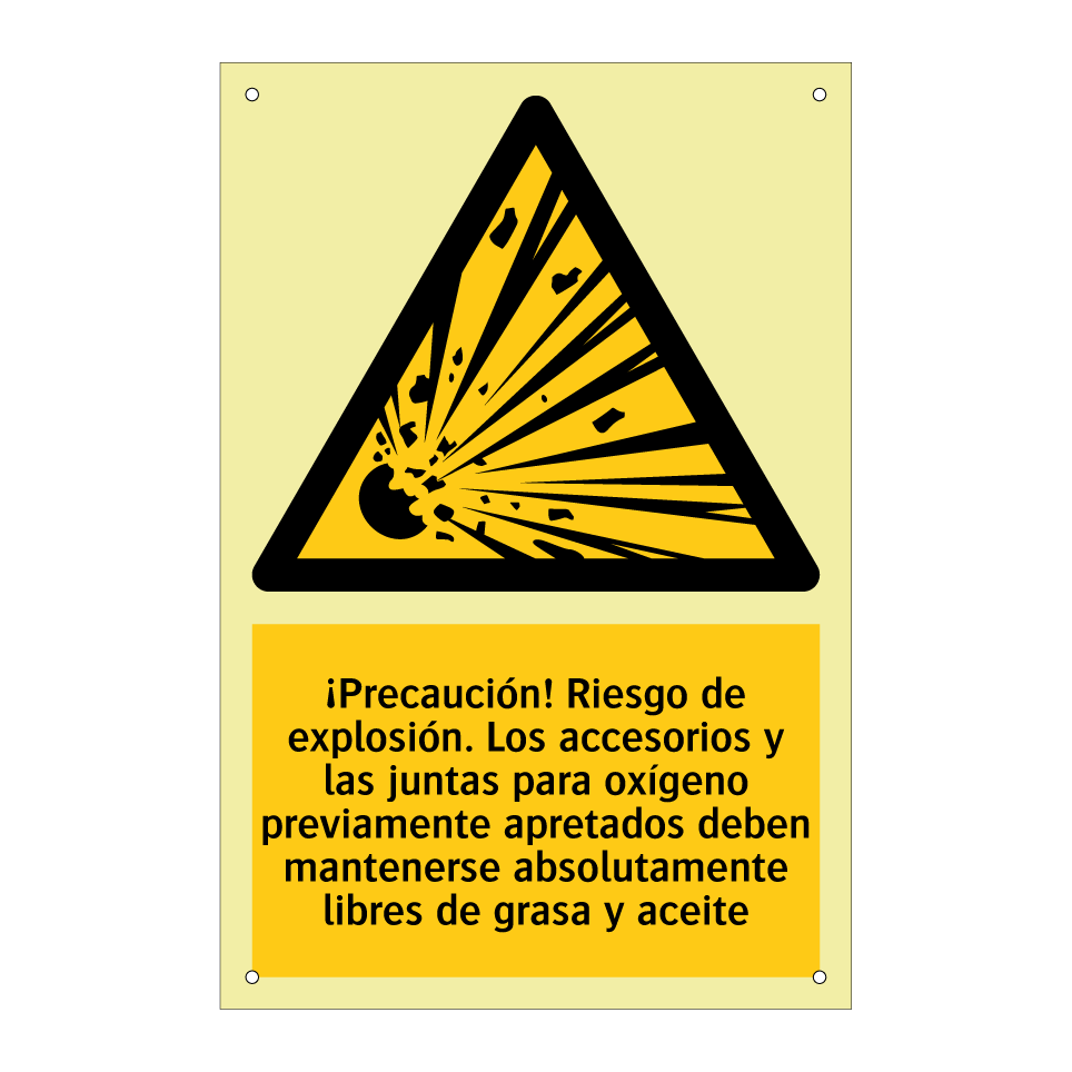¡Precaución! Riesgo de explosión. Los accesorios y las juntas para oxígeno previamente apretados deben mantenerse absolutamente libres de grasa y aceite