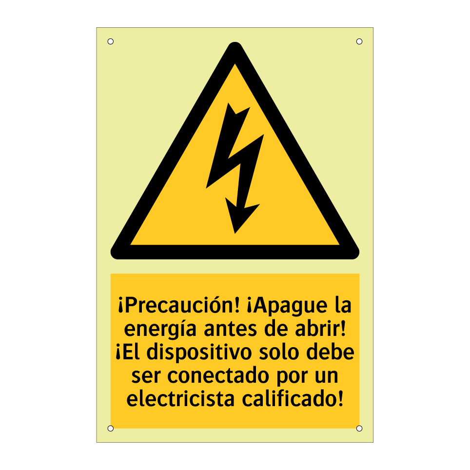 ¡Precaución! ¡Apague la energía antes de abrir! ¡El dispositivo solo debe ser conectado por un electricista calificado!