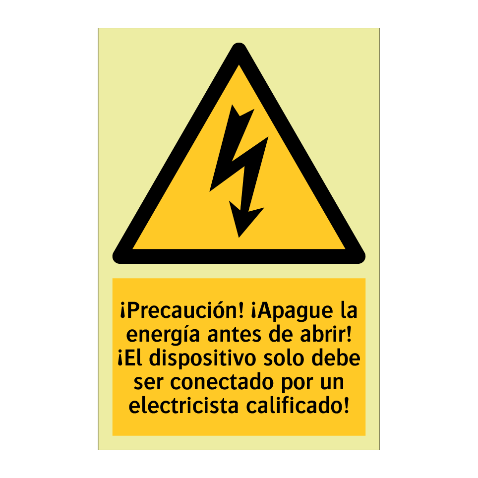 ¡Precaución! ¡Apague la energía antes de abrir! ¡El dispositivo solo debe ser conectado por un electricista calificado!