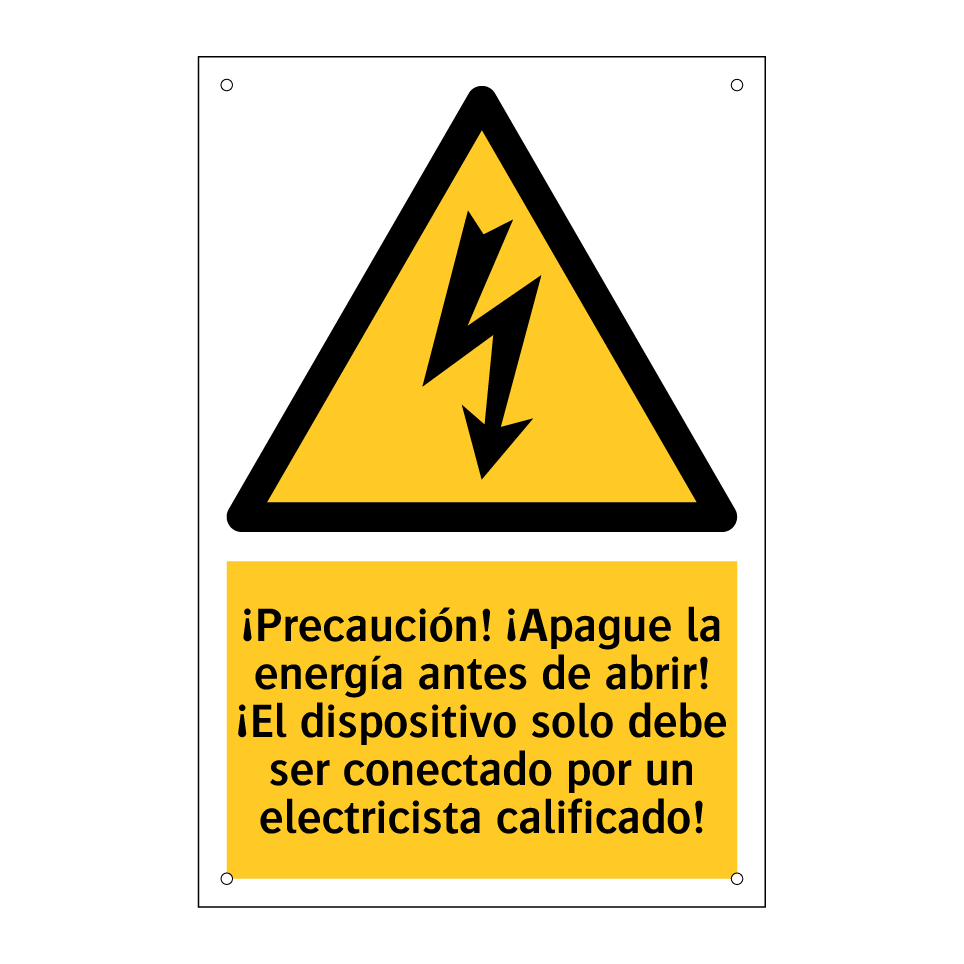 ¡Precaución! ¡Apague la energía antes de abrir! ¡El dispositivo solo debe ser conectado por un electricista calificado!