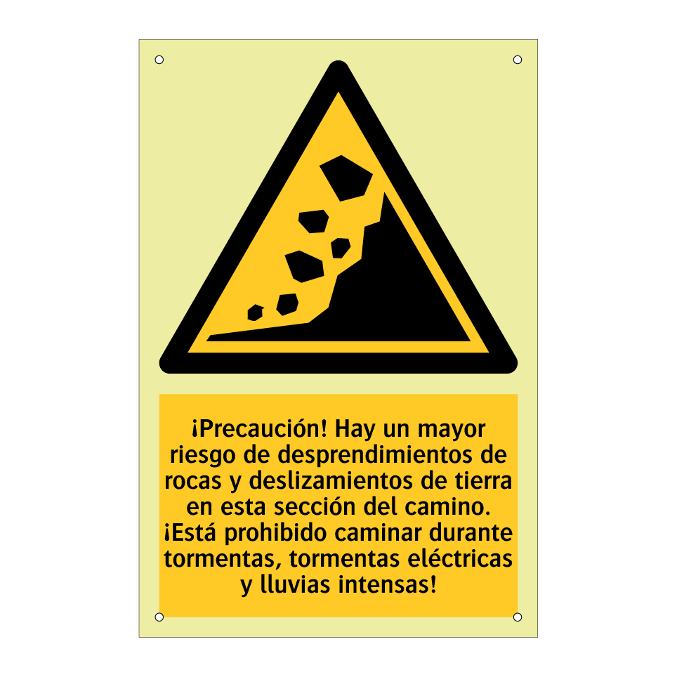 ¡Precaución! Hay un mayor riesgo de desprendimientos de rocas y deslizamientos de tierra en esta sección del camino. ¡Está prohibido caminar durante tormentas, tormentas eléctricas y lluvias intensas!
