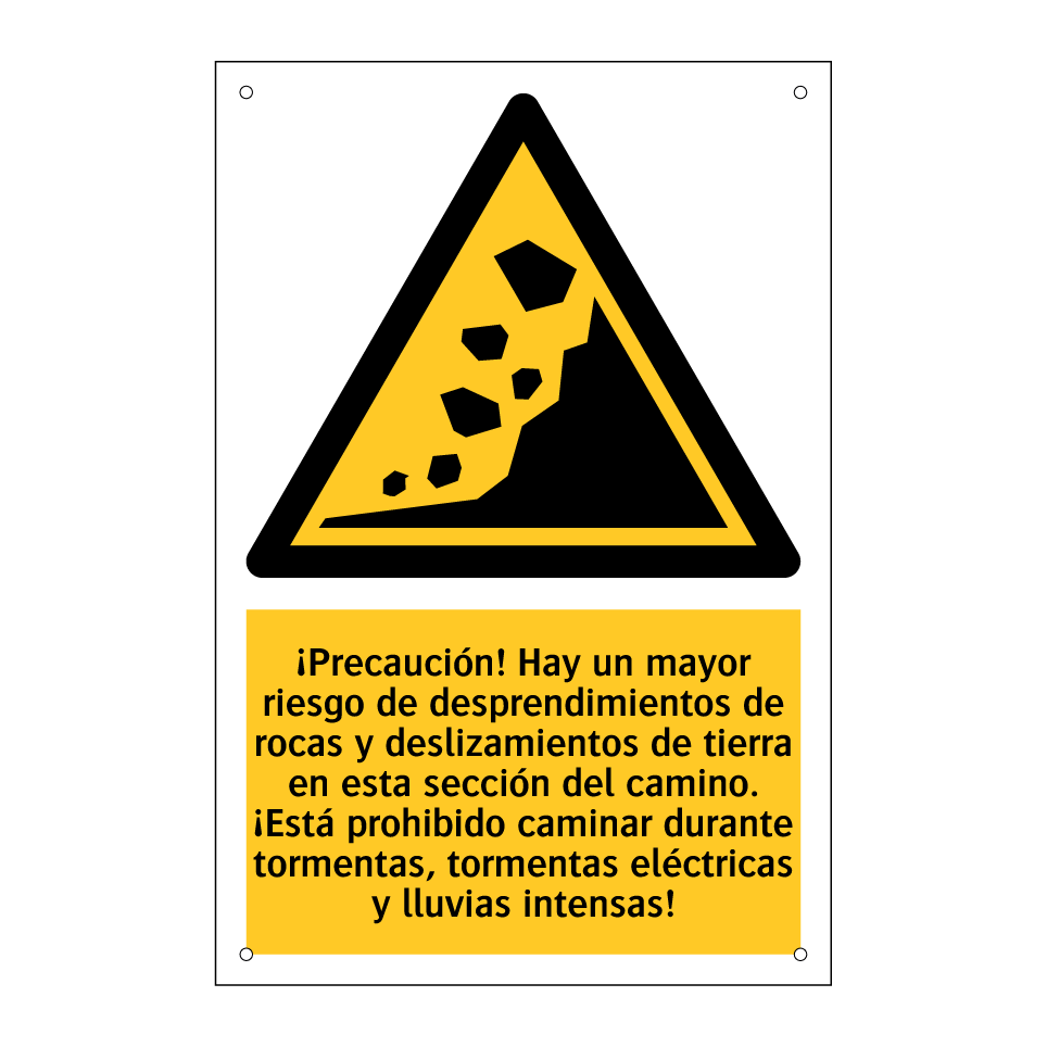 ¡Precaución! Hay un mayor riesgo de desprendimientos de rocas y deslizamientos de tierra en esta sección del camino. ¡Está prohibido caminar durante tormentas, tormentas eléctricas y lluvias intensas!