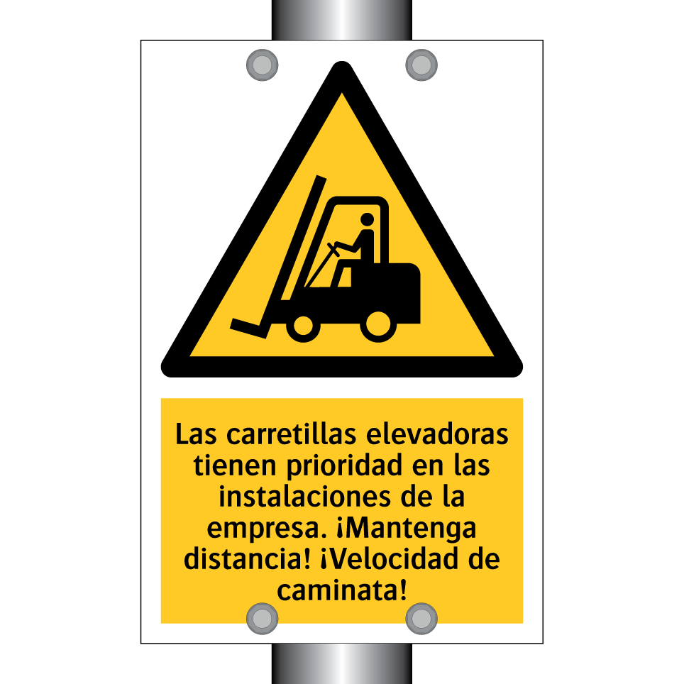 Las carretillas elevadoras tienen prioridad en las instalaciones de la empresa. ¡Mantenga distancia! ¡Velocidad de caminata!
