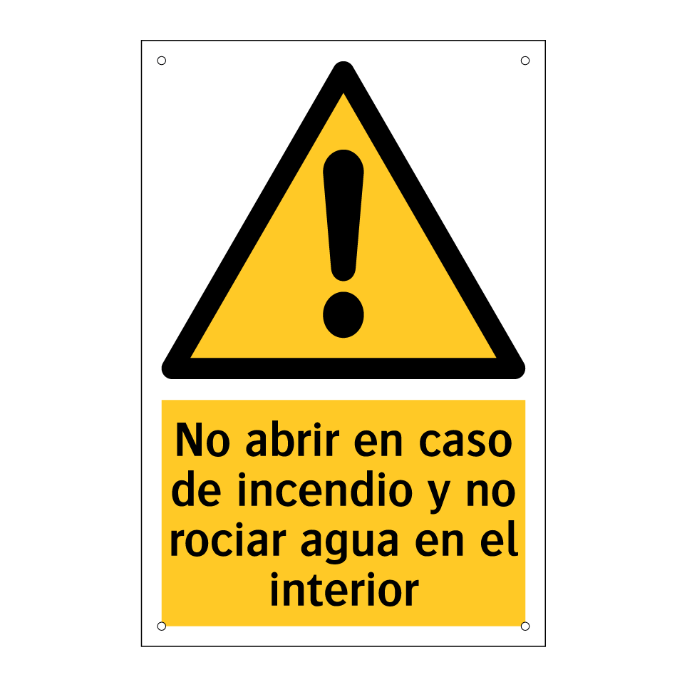 No abrir en caso de incendio y no rociar agua en el interior