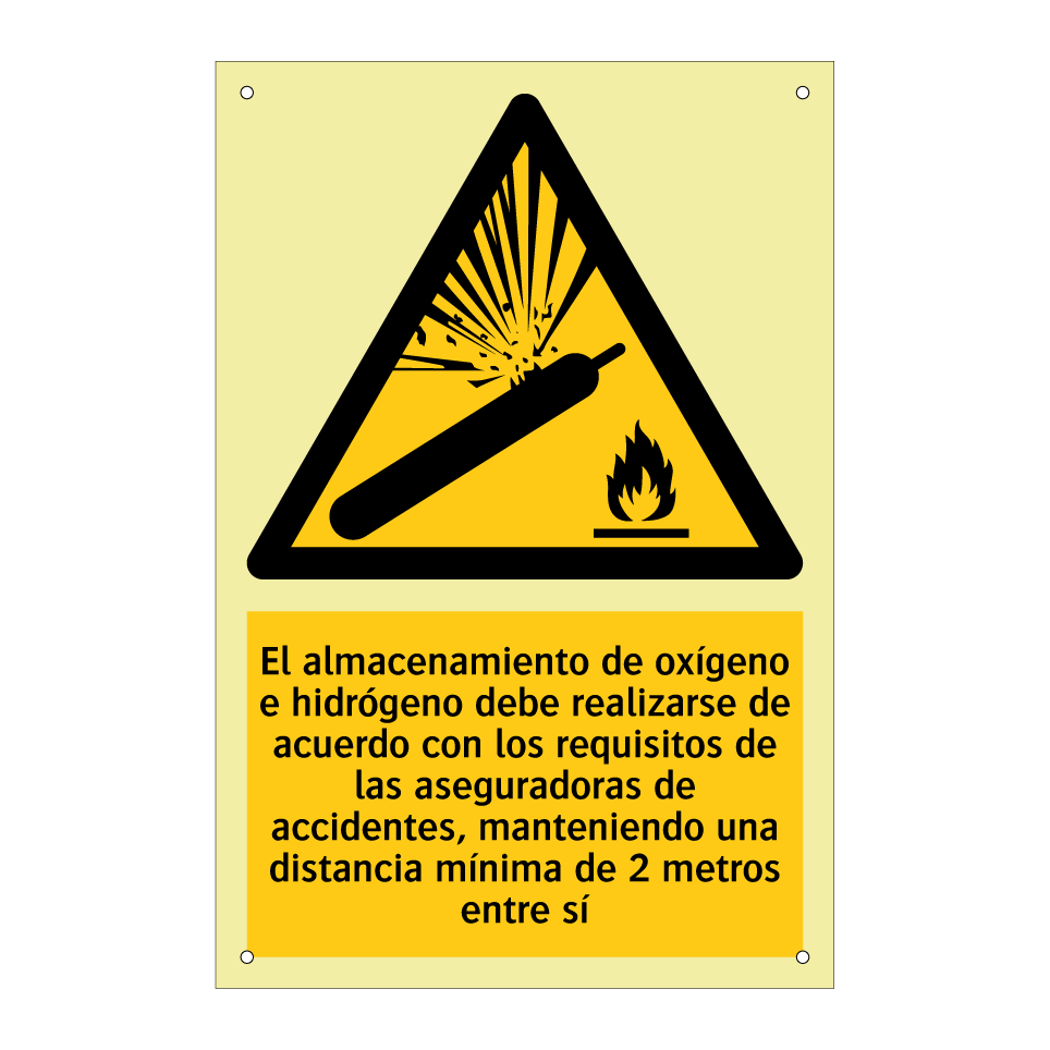 El almacenamiento de oxígeno e hidrógeno debe realizarse de acuerdo con los requisitos de las aseguradoras de accidentes, manteniendo una distancia mínima de 2 metros entre sí