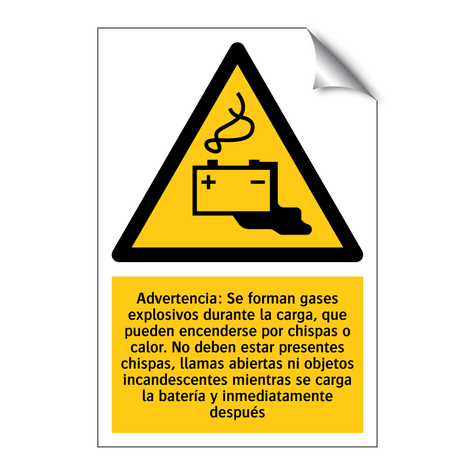 Advertencia: Se forman gases explosivos durante la carga, que pueden encenderse por chispas o calor. No deben estar presentes chispas, llamas abiertas ni objetos incandescentes mientras se carga la batería y inmediatamente después