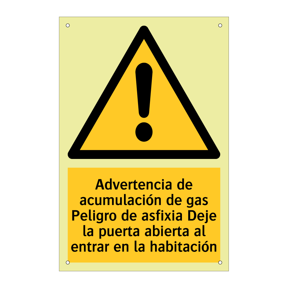 Advertencia de acumulación de gas Peligro de asfixia Deje la puerta abierta al entrar en la habitación