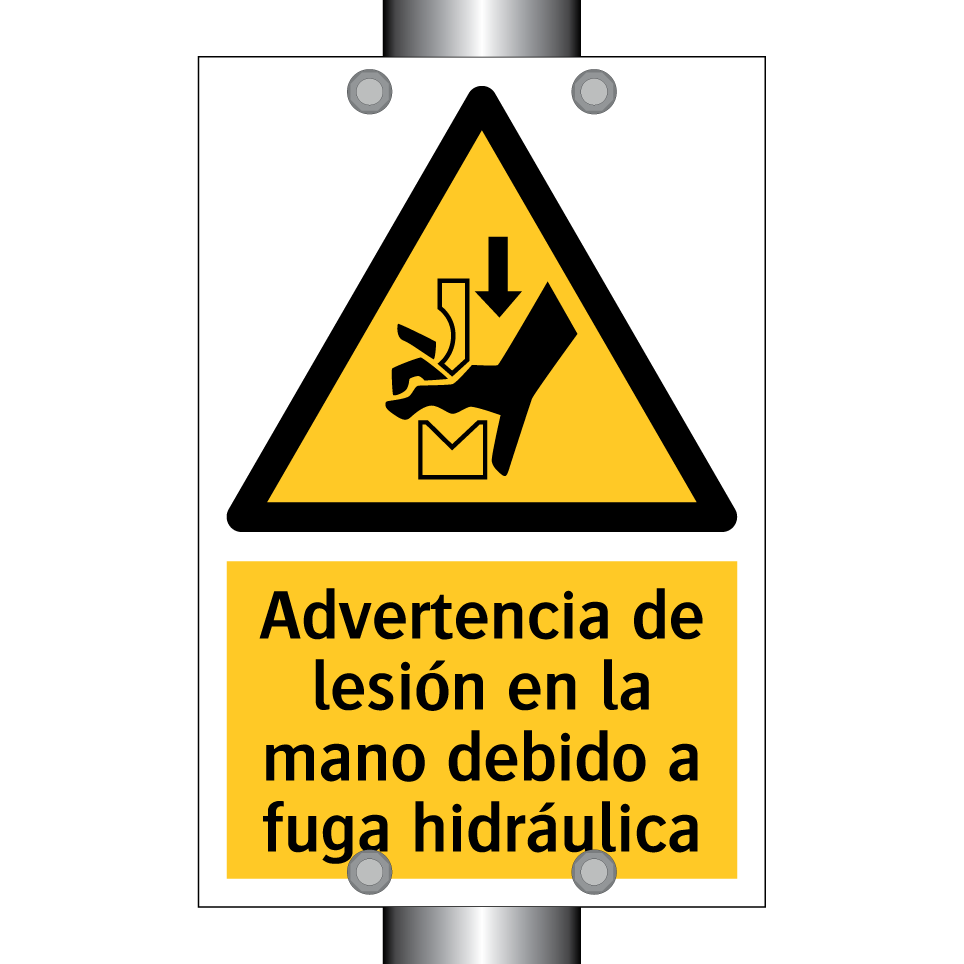 Advertencia de lesión en la mano debido a fuga hidráulica