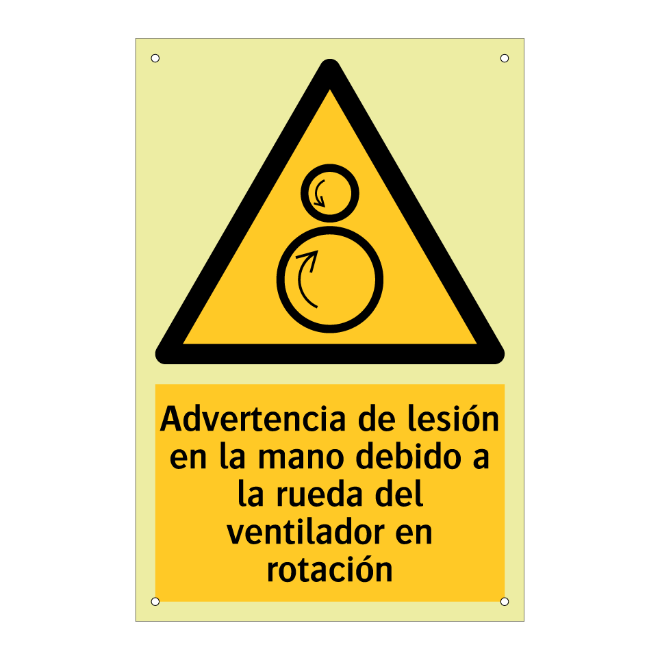 Advertencia de lesión en la mano debido a la rueda del ventilador en rotación