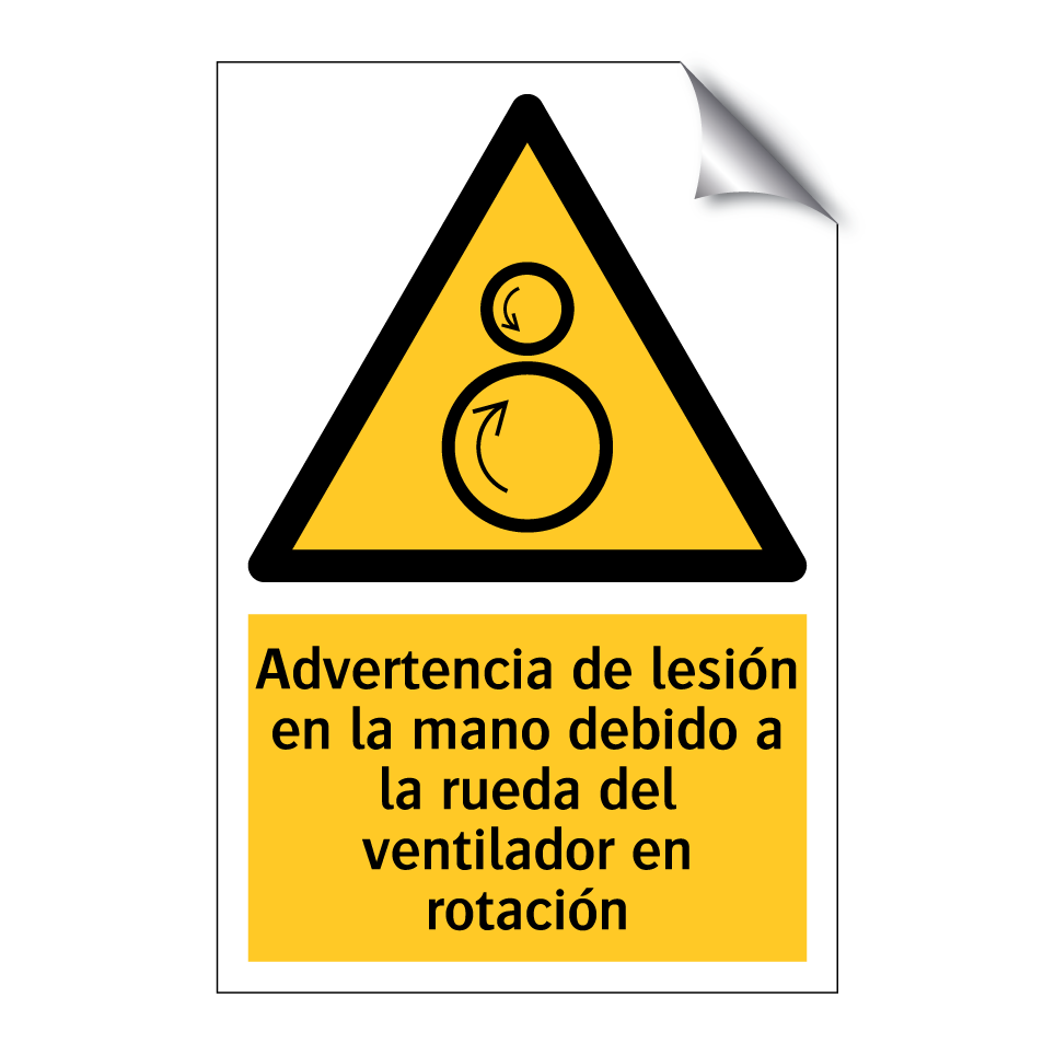 Advertencia de lesión en la mano debido a la rueda del ventilador en rotación