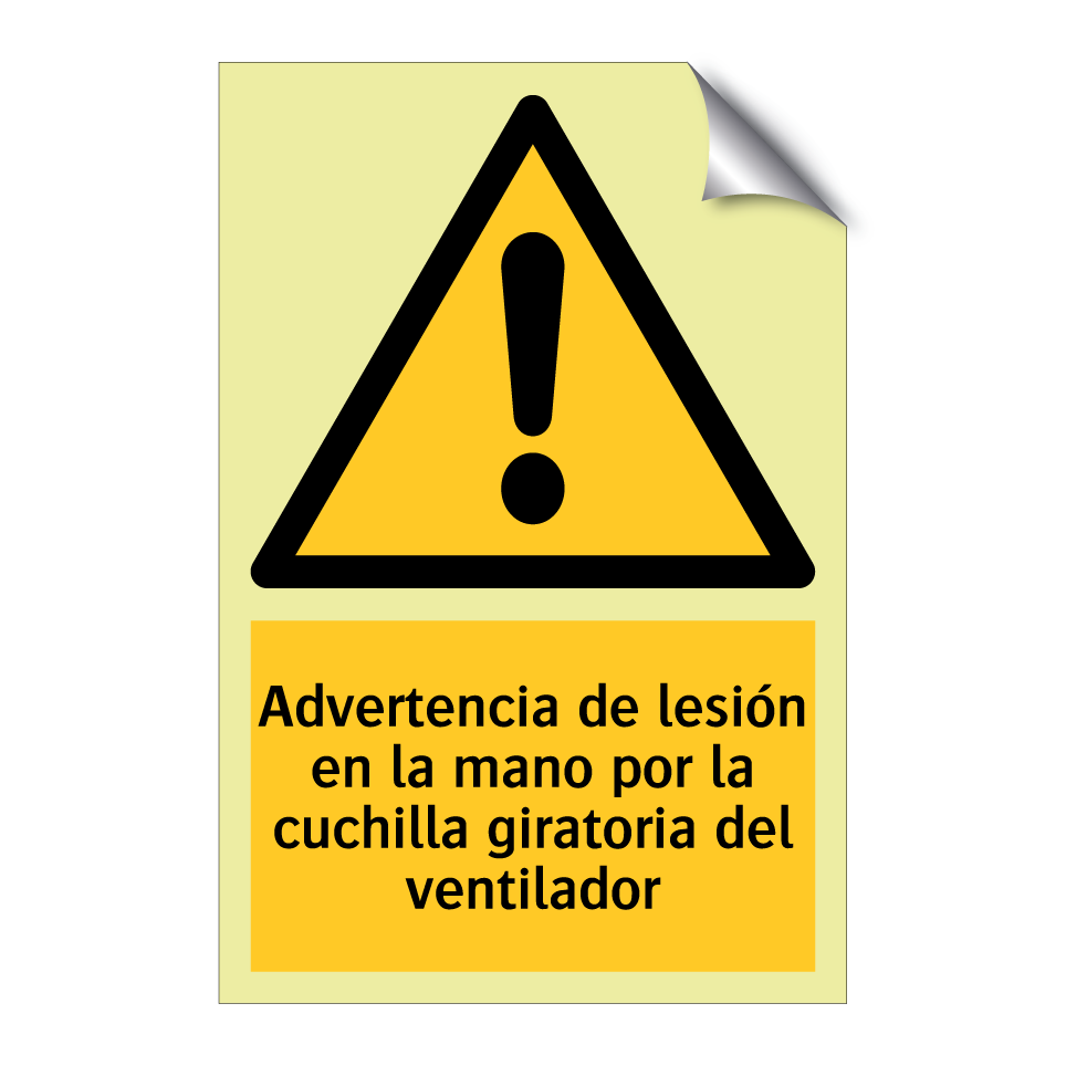 Advertencia de lesión en la mano por la cuchilla giratoria del ventilador