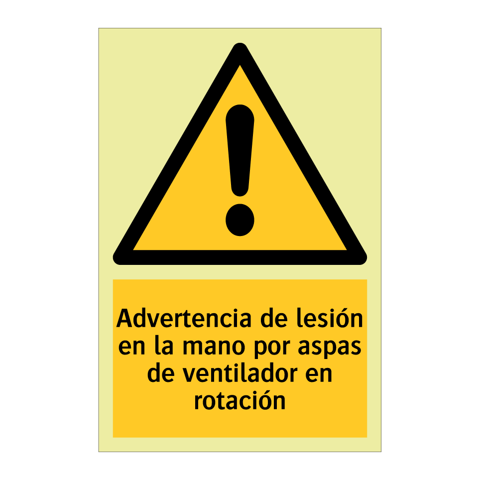 Advertencia de lesión en la mano por aspas de ventilador en rotación