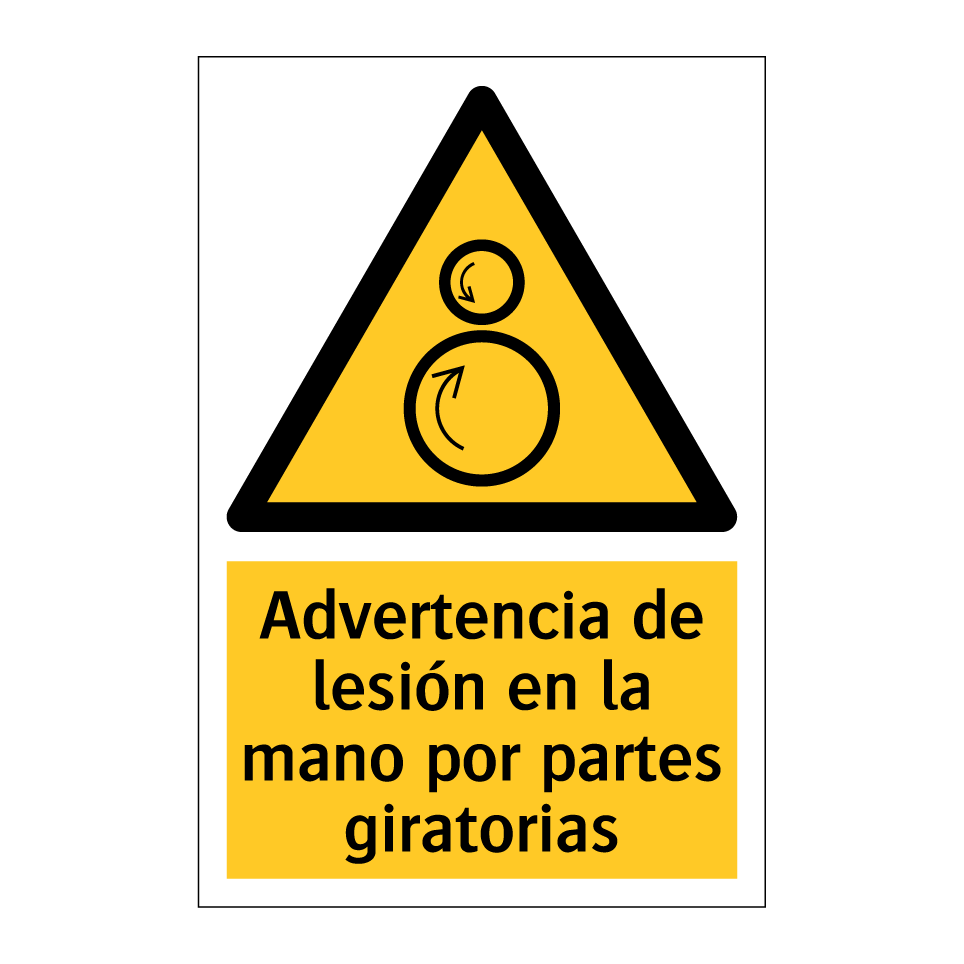 Advertencia de lesión en la mano por partes giratorias