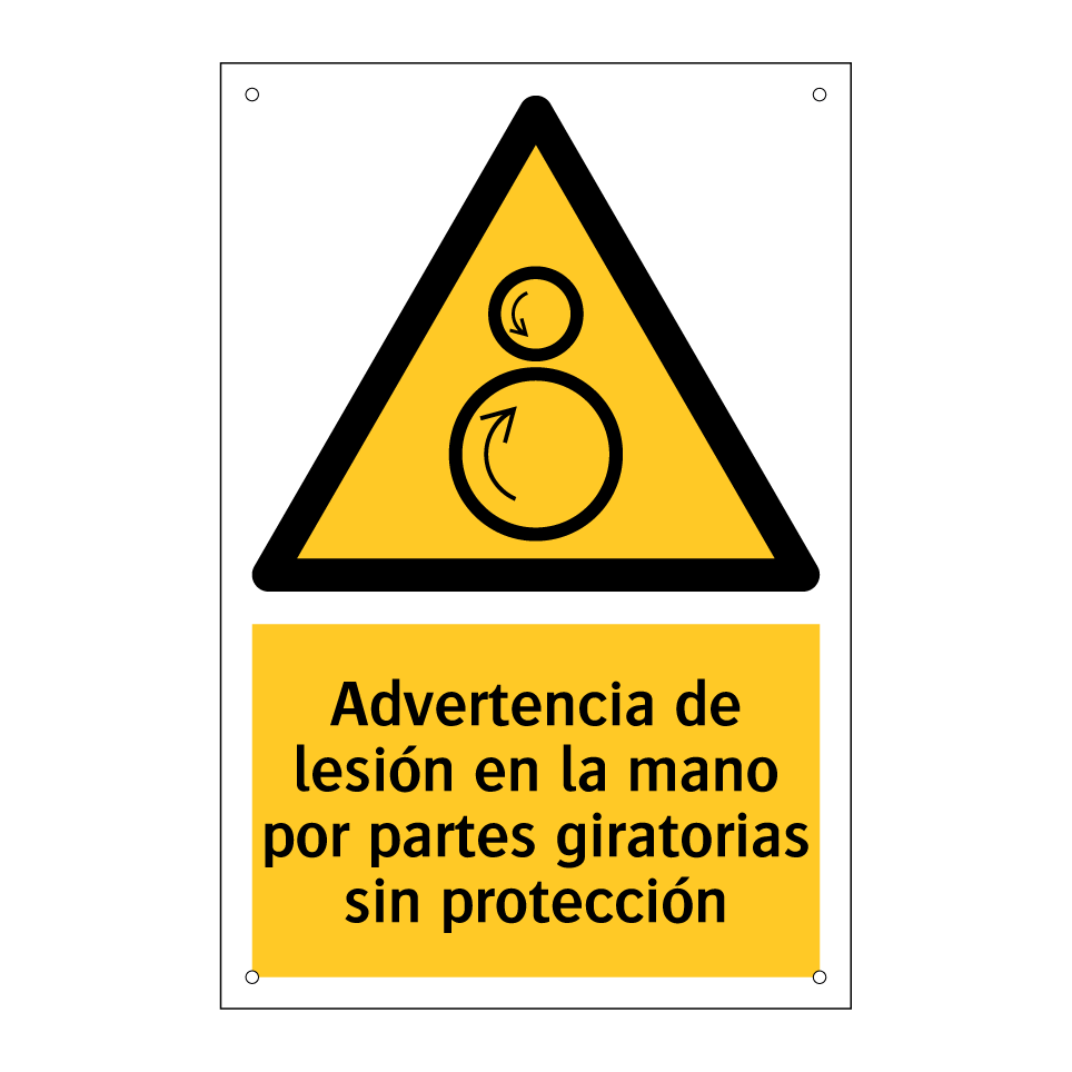 Advertencia de lesión en la mano por partes giratorias sin protección