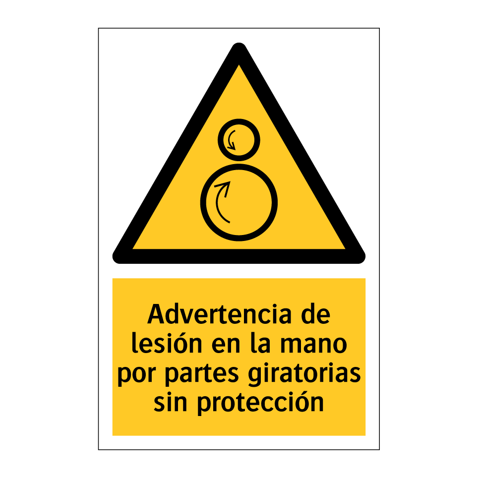 Advertencia de lesión en la mano por partes giratorias sin protección