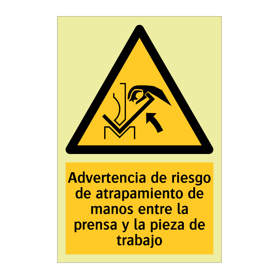 Advertencia de riesgo de atrapamiento de manos entre la prensa y la pieza de trabajo