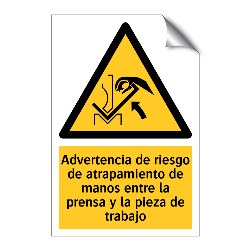 Advertencia de riesgo de atrapamiento de manos entre la prensa y la pieza de trabajo