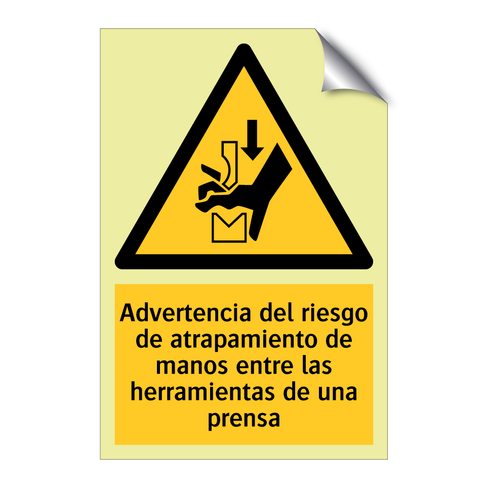 Advertencia del riesgo de atrapamiento de manos entre las herramientas de una prensa
