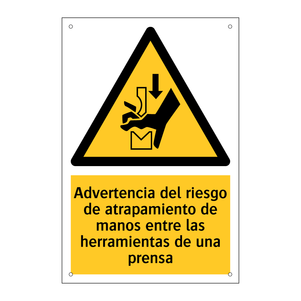 Advertencia del riesgo de atrapamiento de manos entre las herramientas de una prensa