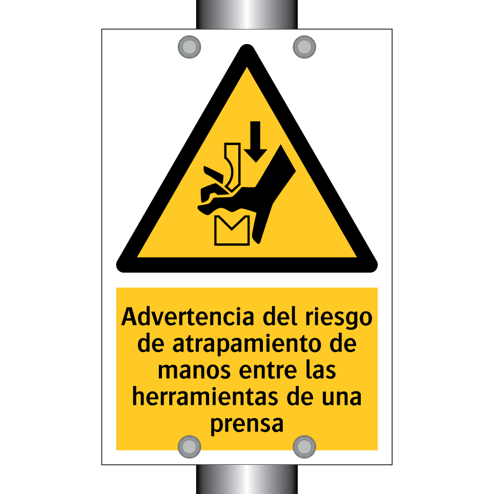 Advertencia del riesgo de atrapamiento de manos entre las herramientas de una prensa
