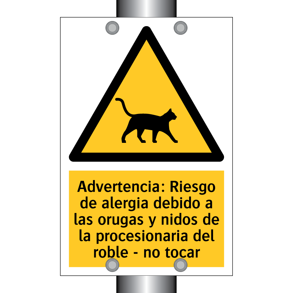 Advertencia: Riesgo de alergia debido a las orugas y nidos de la procesionaria del roble - no tocar