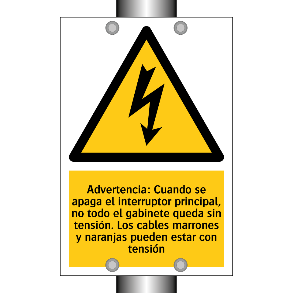 Advertencia: Cuando se apaga el interruptor principal, no todo el gabinete queda sin tensión. Los cables marrones y naranjas pueden estar con tensión
