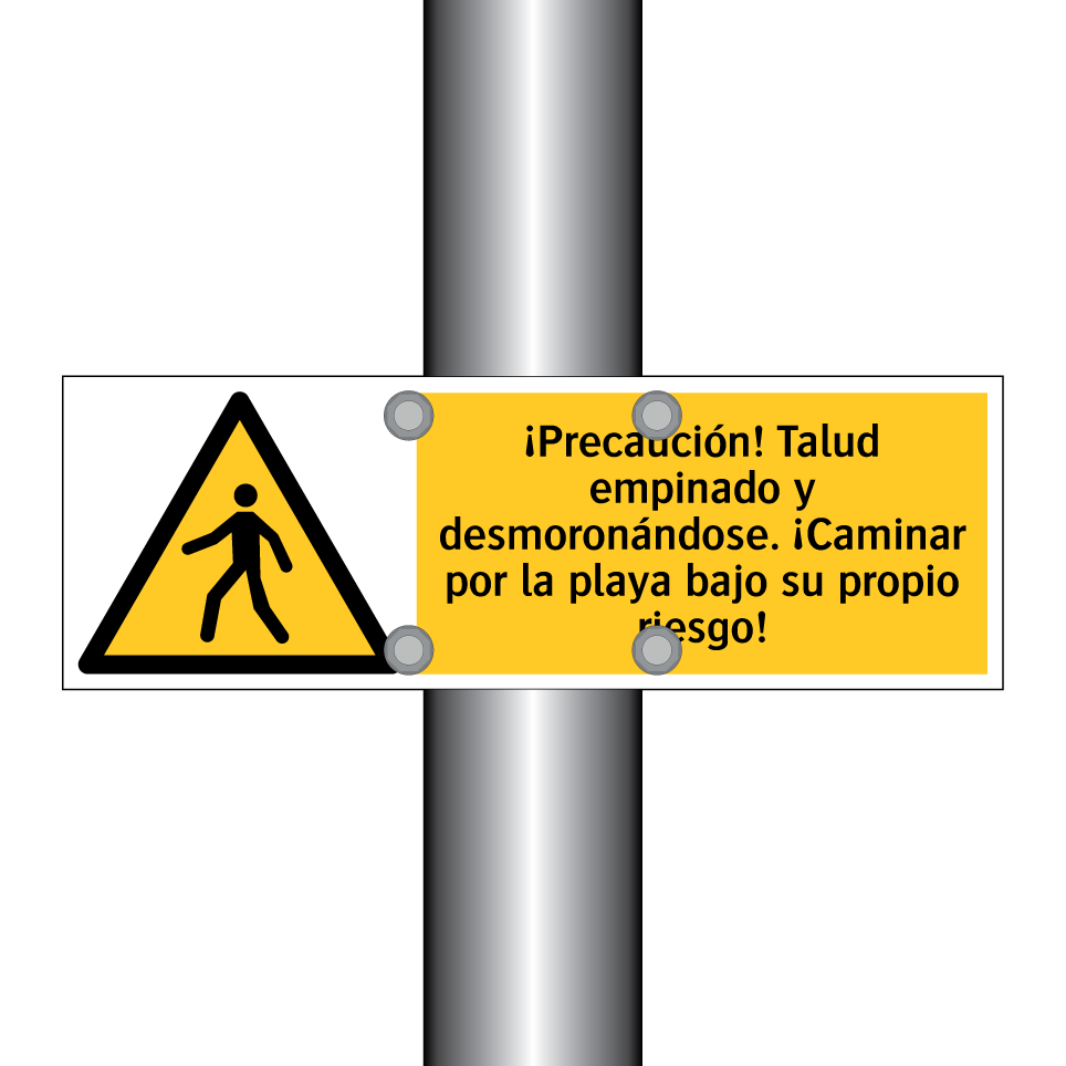 ¡Precaución! Talud empinado y desmoronándose. ¡Caminar por la playa bajo su propio riesgo!
