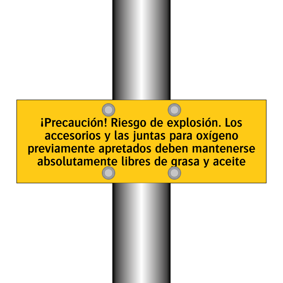 ¡Precaución! Riesgo de explosión. Los accesorios y las juntas para oxígeno previamente apretados deben mantenerse absolutamente libres de grasa y aceite